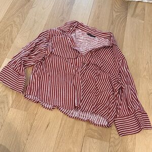 Zara Red & White Striped Button-Down Crop Shirt